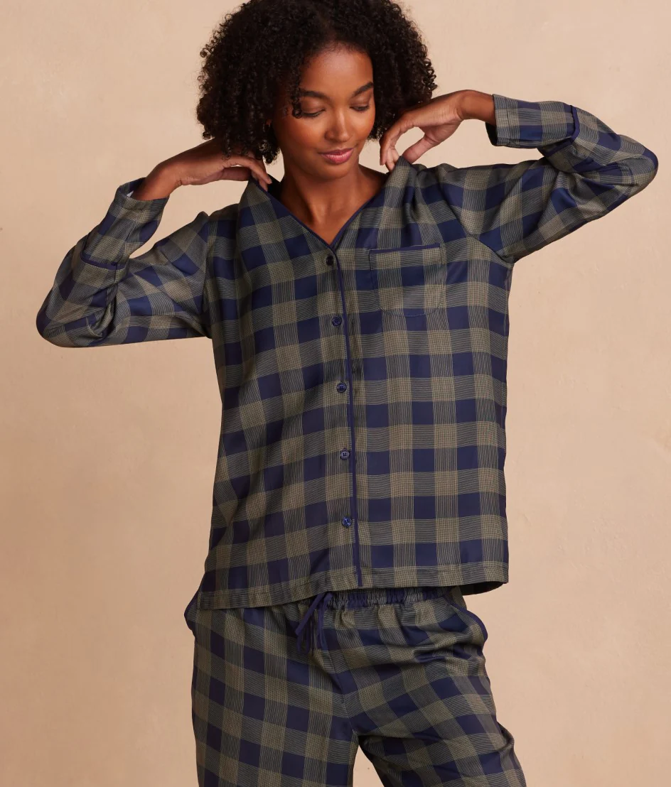 The Cloud 9 Silky Pajama Set - Buffalo Check in Deep Sea & Gold - Image 3