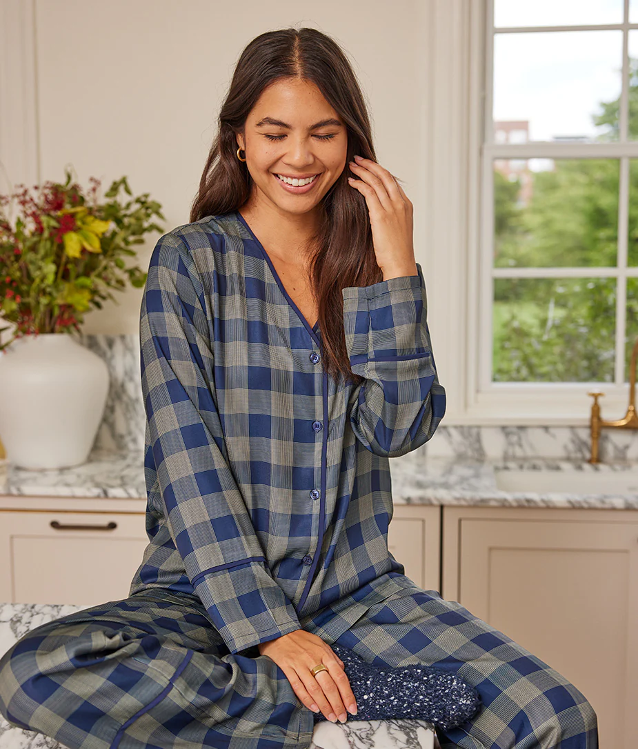 The Cloud 9 Silky Pajama Set - Buffalo Check in Deep Sea & Gold - Image 4