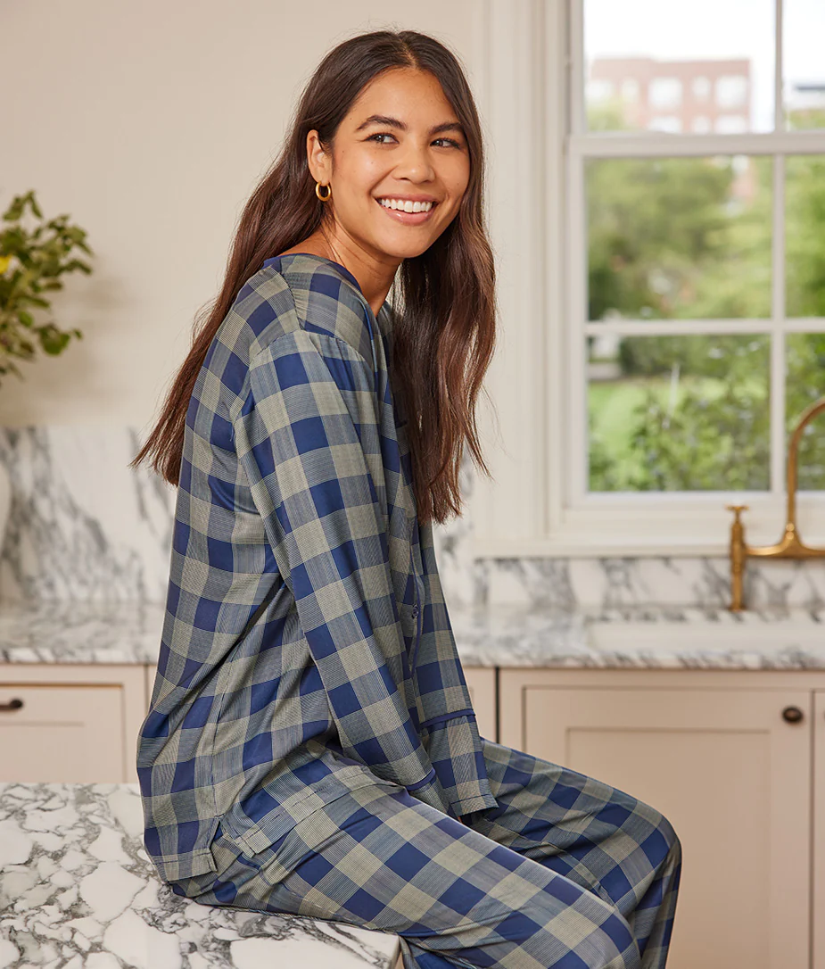 The Cloud 9 Silky Pajama Set - Buffalo Check in Deep Sea & Gold - Image 5