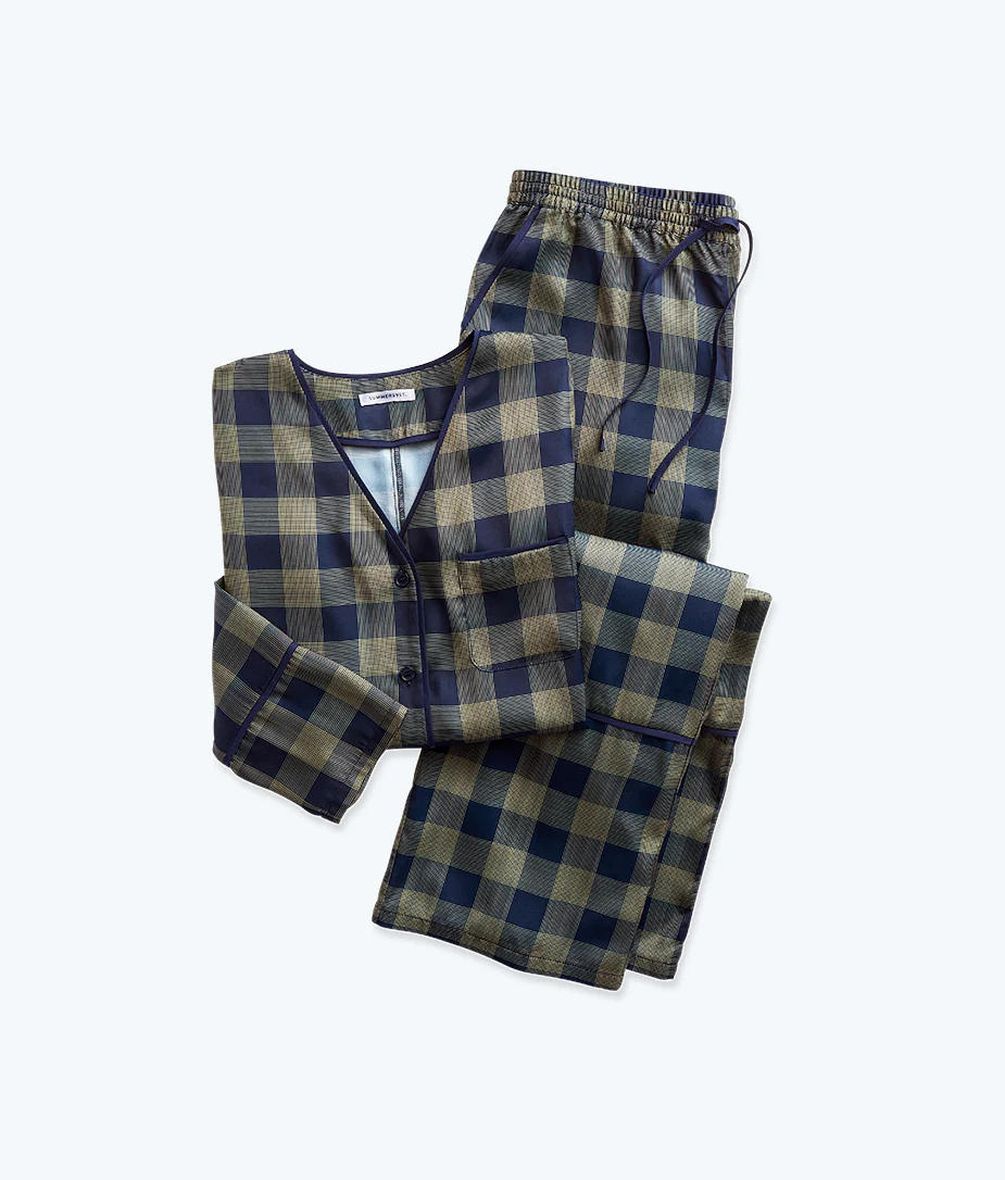 The Cloud 9 Silky Pajama Set - Buffalo Check in Deep Sea & Gold - Image 6