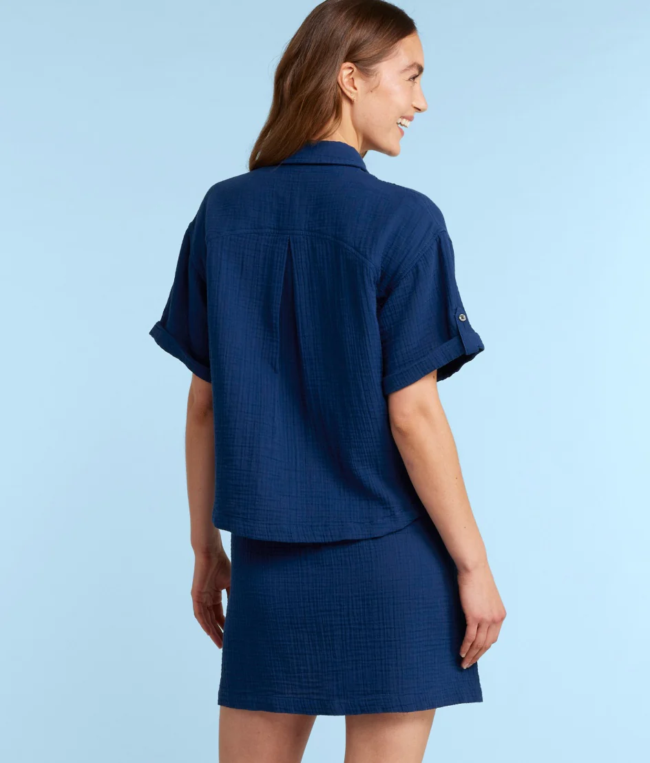 The Cloud Gauze Boxy Cropped Button-Up Shirt - Deep Sea - Image 3