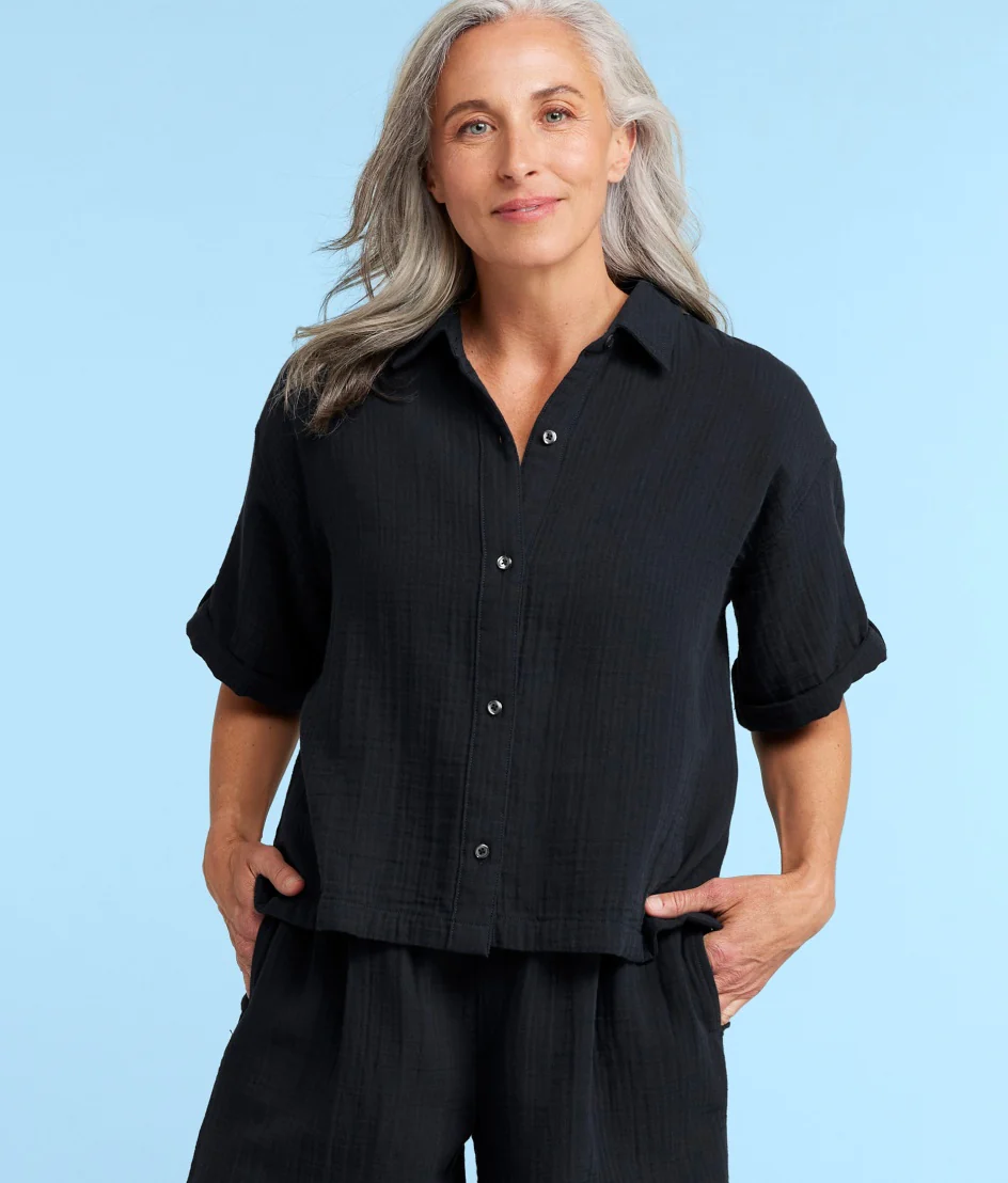 The Cloud Gauze Boxy Cropped Button-Up Shirt - Sea Urchin - Image 3