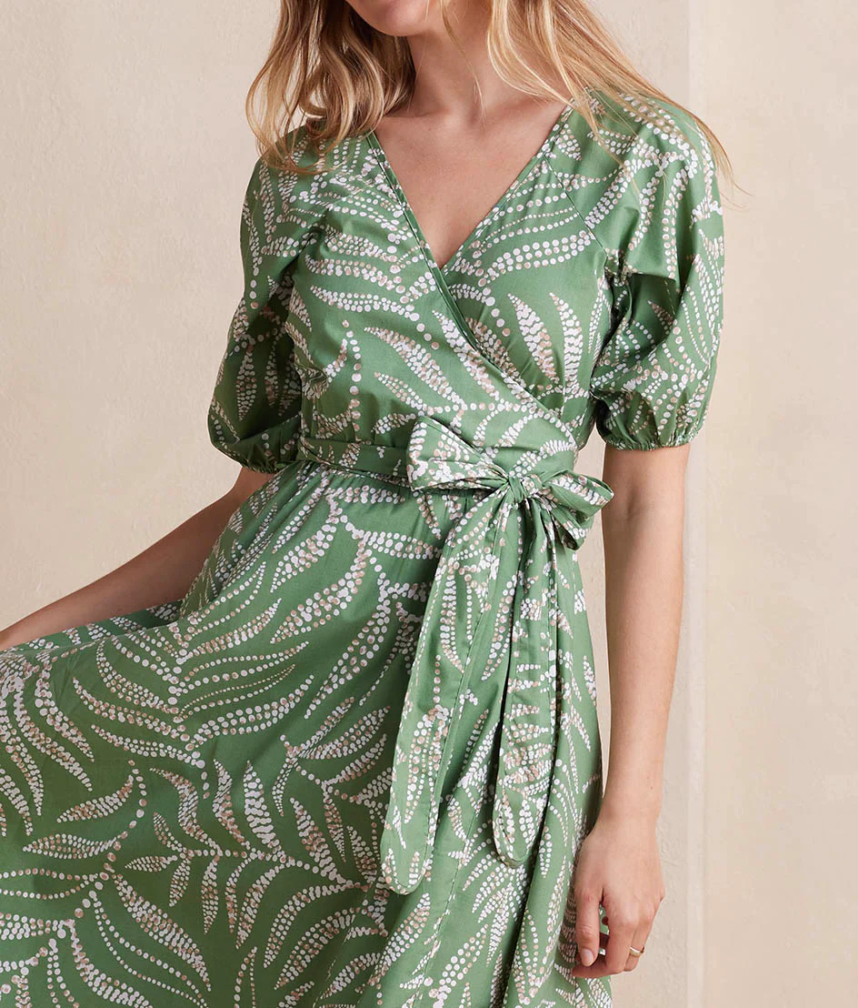 The Coastal Poplin Puff-Sleeve Wrap Midi Dress - Dotted Palms in Seagreen & White Sand - Image 4