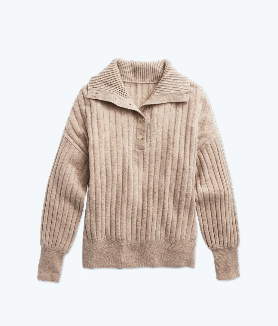 The Coziest Cashmere Blend Ribbed Half-Button Sweater - Toffee - Image 4