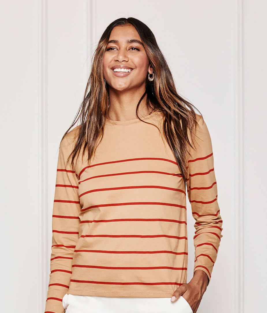 The Luxe Pima Long Sleeve Tee - Toffee & Lava Stripe - Image 3