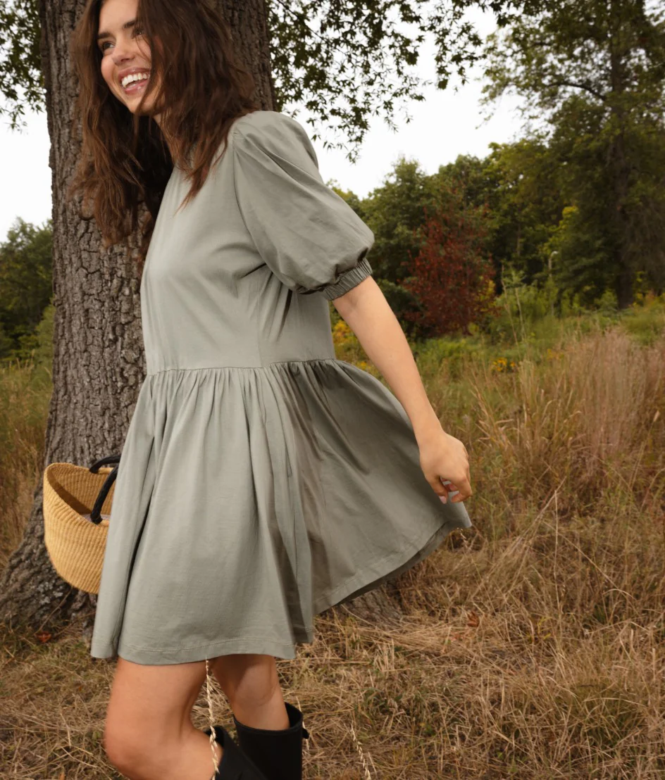 The Luxe Pima Puff-Sleeve Mini Dress - Agave - Image 5