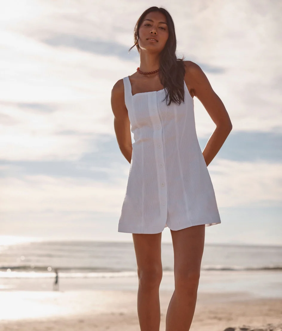 The Seersucker Button-Front Mini Dress - White Sand - Image 2