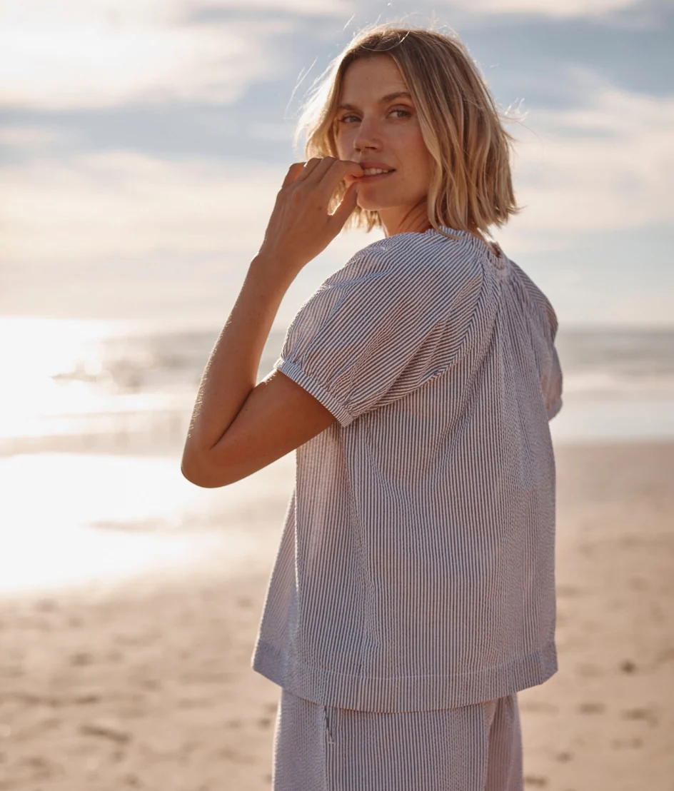 The Seersucker Puff Sleeve Top - Driftwood & White Sand - Image 2