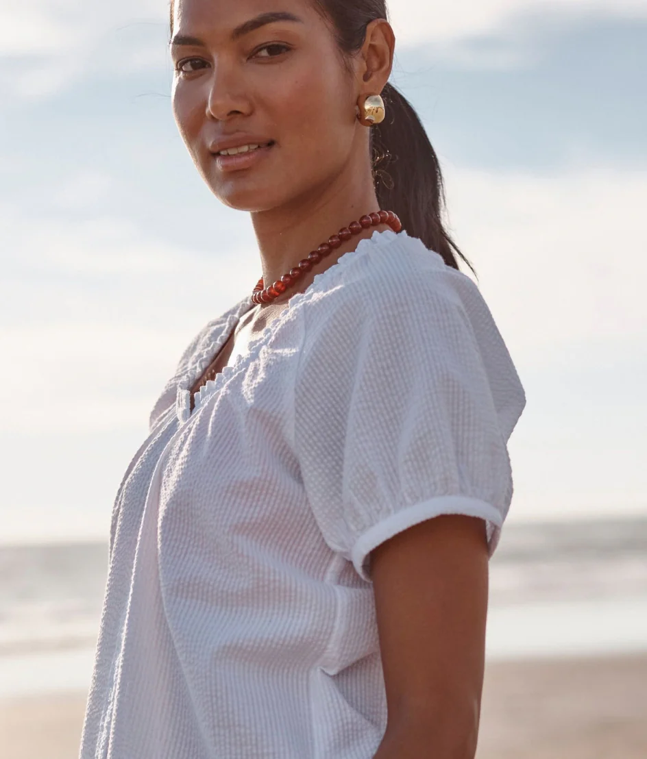 The Seersucker Puff Sleeve Top - White Sand - Image 2
