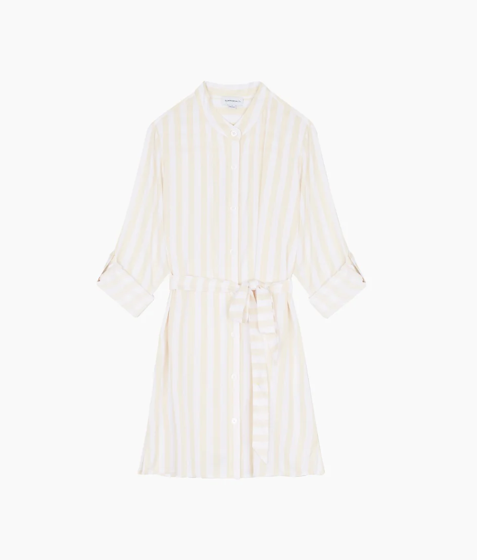 The Silky Luxe Short Effortless Shirtdress Cover-Up - Beach Stripe in Sandshell - Image 4