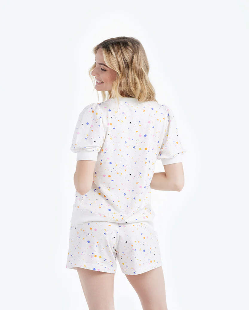 The Softest French Terry Lounge Shorts - Paint Splatter in White Sand - Image 4