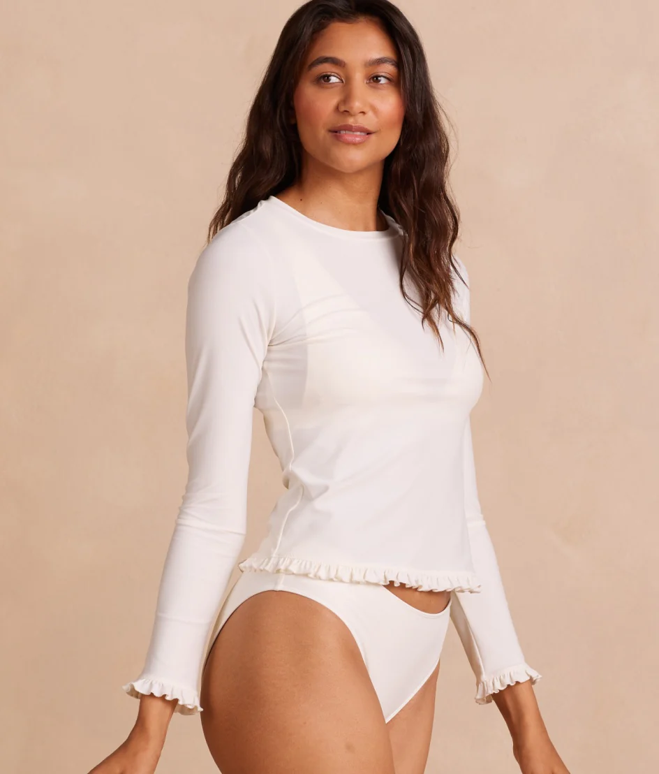 The Waterside Ruffle Rash Guard - White Sand - Image 6